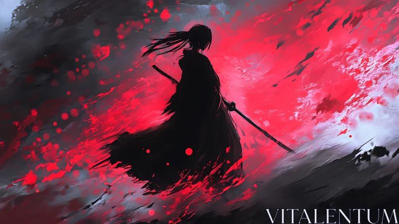 Silhouetted swordsman amid dynamic red abstract backdrop.