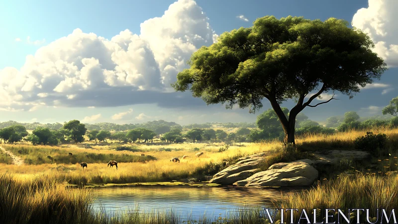 Sunlit savanna watering hole beneath a dreaming sky.