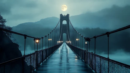 Moonlit suspension bridge stretches into misty mountains.