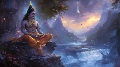 Serene river meditation with a divine figure at sunrise.