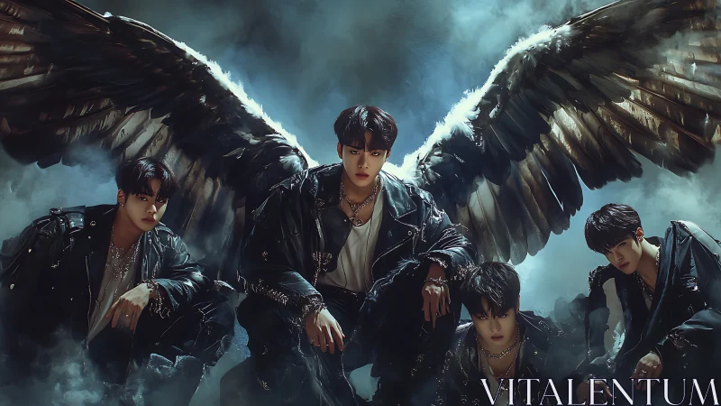 Winged figures crouch in smoky light wearing black leather