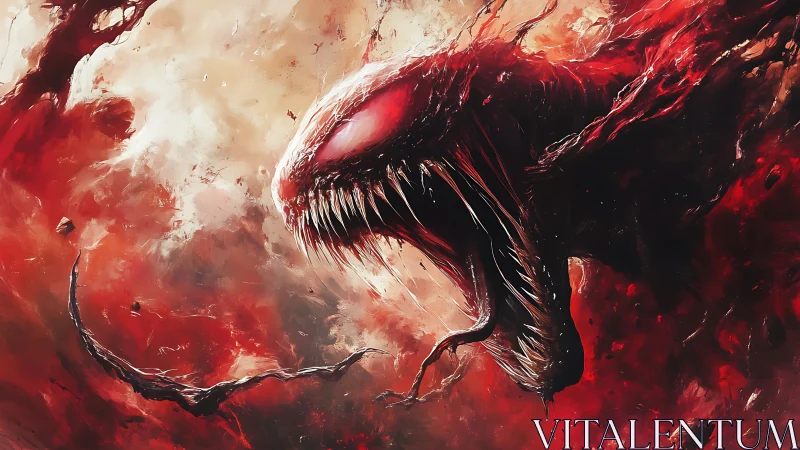 Viscous red symbiotic creature lunges amid chaotic fluid vortex