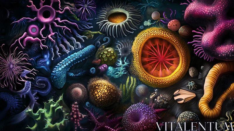 Microscopic alien reef organisms rendered in neon bioluminescence.