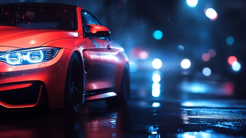 Red sports coupe slices through neon rain-soaked city street.