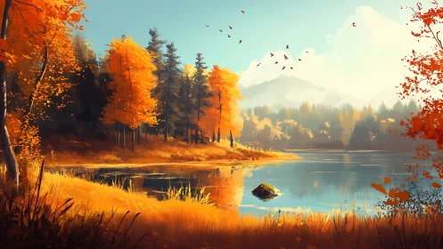 Autumn forest lake with orange trees and distant mountains.