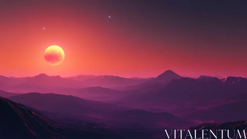 Crimson alien twilight quietly crowns the violet ridges