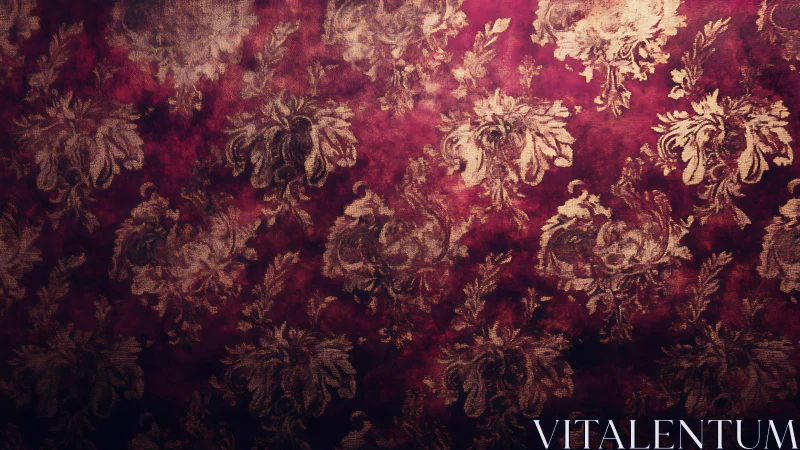 Vintage floral damask on warm red textured backdrop.