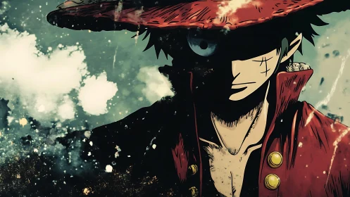 Mysterious anime pirate hero in a storm of bold color.