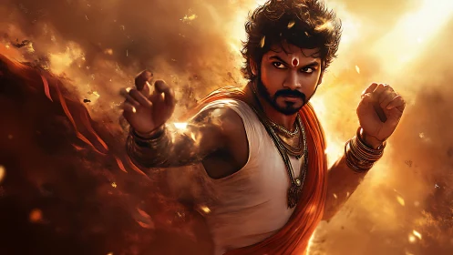 Warrior saint stands in swirling golden dust storm