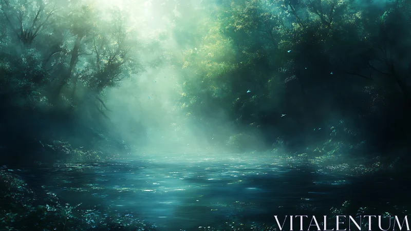 Moonlit mist river where emerald forest hushes dreams.