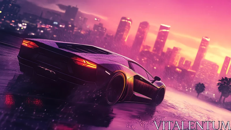 Low-angle sports car on wet urban road at dusk in rain.