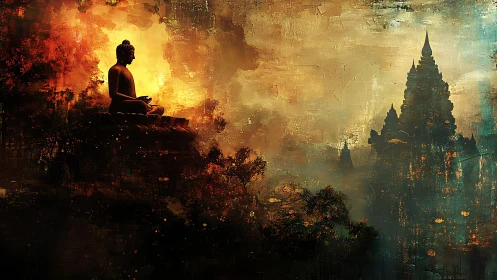 Solitary Buddha meditates amid fiery sky and distant temple.