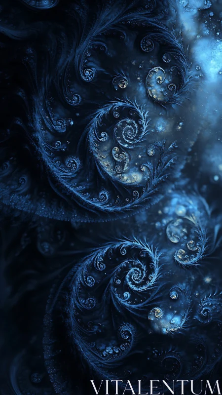 Midnight fractal spirals bloom through luminous cosmic frost.