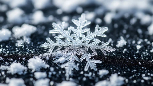 Macro crystalline snowflake on dark glittering surface.