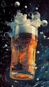 Foaming amber ale rockets upward in a galaxy of bubbles.