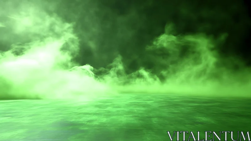 Volumetric green fog rolling over reflective planar surface