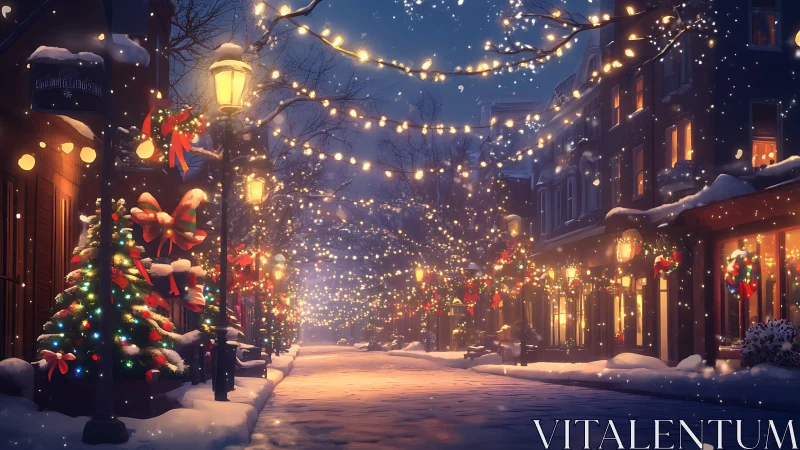 Snowy city street decorated with glowing Christmas lights.
