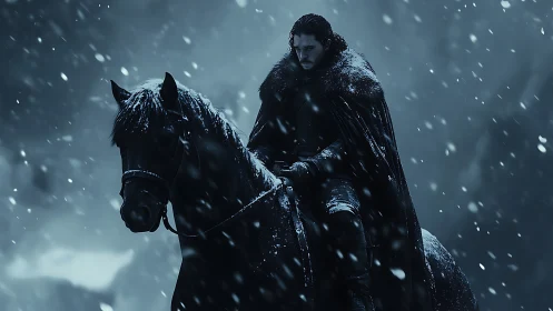 Lone winter rider broods atop a dark horse in falling snow.