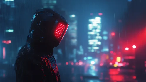 Hooded figure with LED helmet in rainy urban street scene.