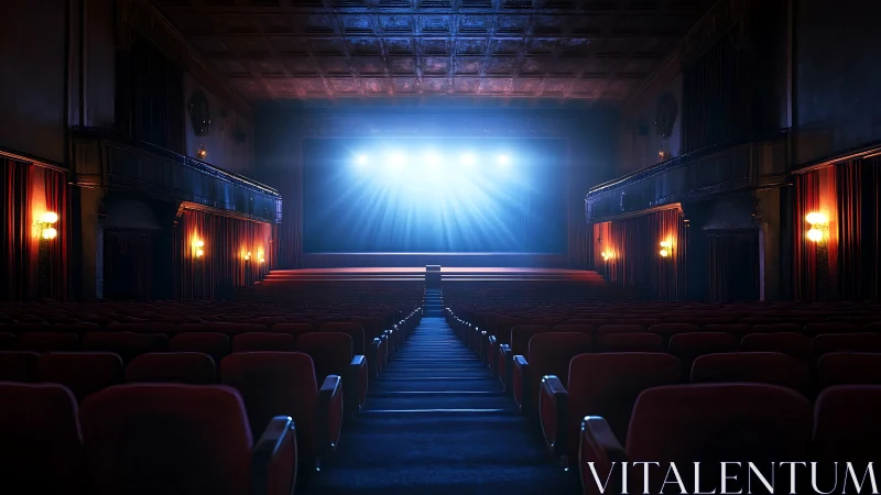 Ornate theater interior with dramatic blue stage lights aglow.