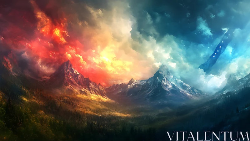 Skyfire valley beneath warring dawn and alien aurora clouds.