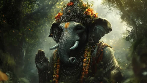 Divine elephant-headed deity statue in luminous jungle haze