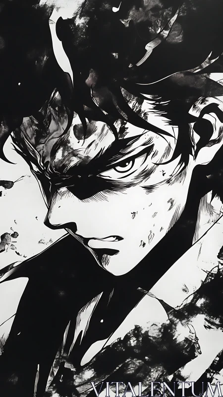 Monochrome ink-wash portrait of intense anime swordsman profile