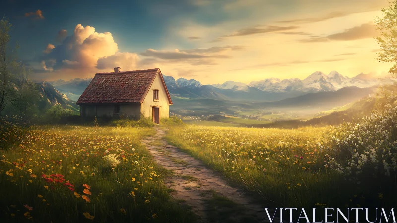 Golden hour cottage in alpine meadow with winding path.