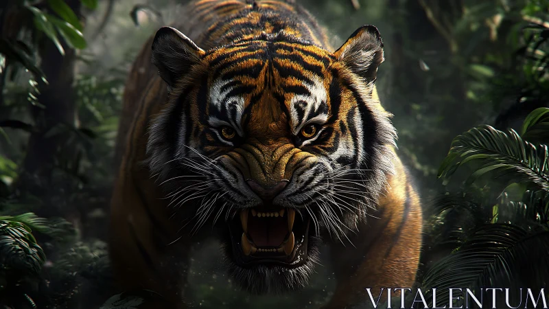 Snarling Bengal tiger rendered in hyperreal jungle chiaroscuro