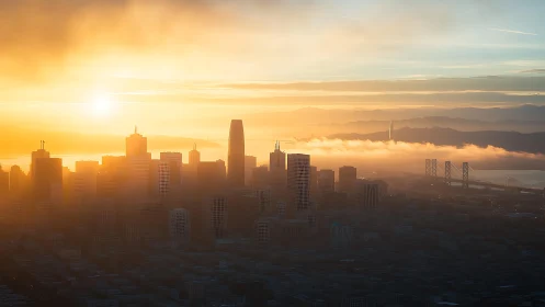 Sunlit skyline shows city high-rises in dense coastal haze