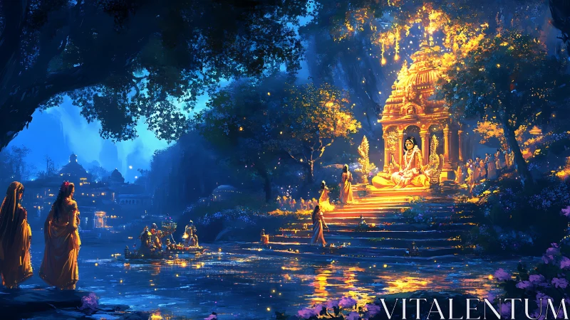 Riverside temple gathering under illuminated night sky.