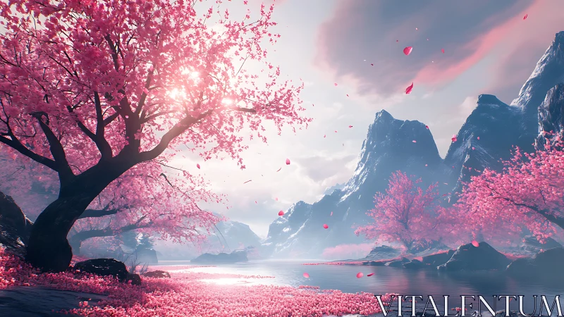 Pink blossom valley where quiet river meets soft light.