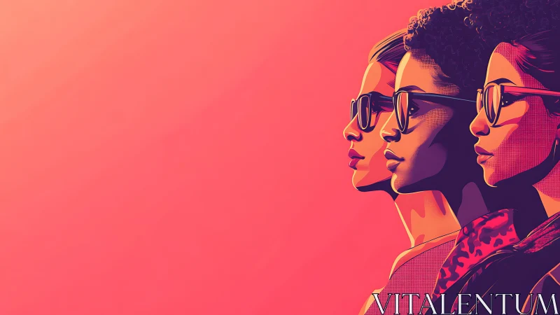 Three Confident Women in Sunglasses, Modern Pop Art Illustration.
