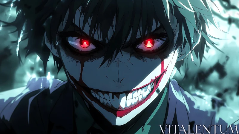 Anime horror portrait with blood-smeared grin and red eyes.