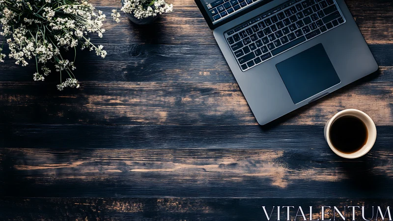 Laptop with coffee on rustic wooden desk, top view.