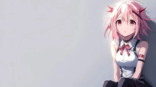 Anime portrait of pensive girl in minimalist side-wall composition.