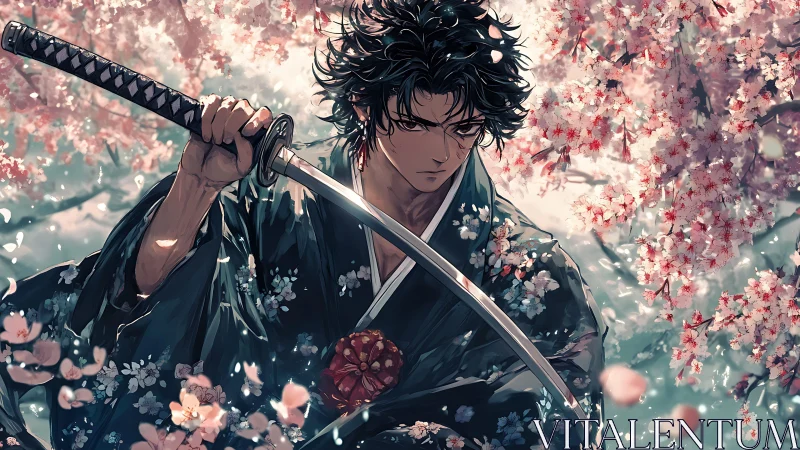 Samurai compositional study amid dynamically lit sakura canopy.