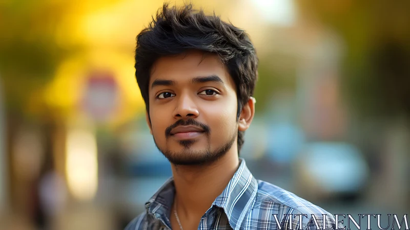 Shallow-depth street portrait with soft bokeh rendering.