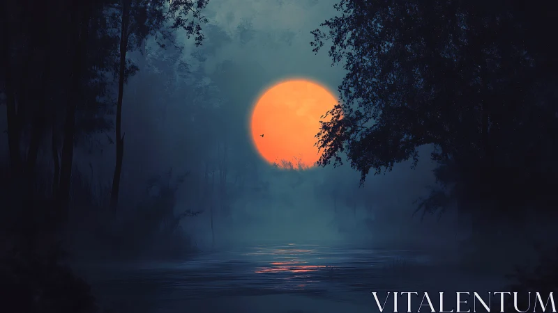Large orange moon over misty forest river at twilight.