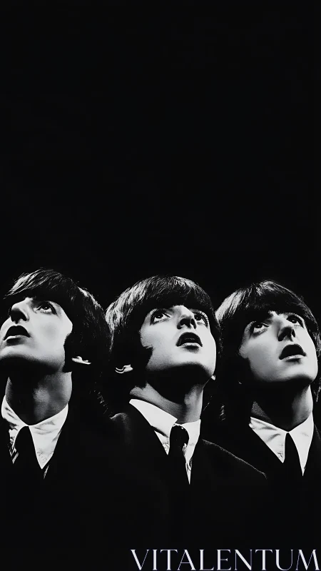 Monochrome studio portrait triptych with upward gaze emphasis.