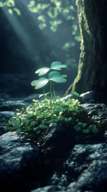 Forest clover spotlighted on mossy stones in quiet dawn hush.