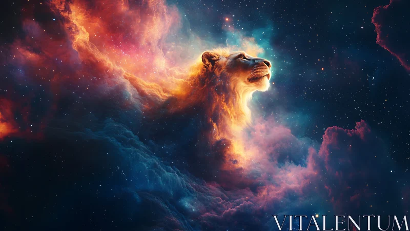 Lion-shaped nebula emerging in colorful deep space clouds.