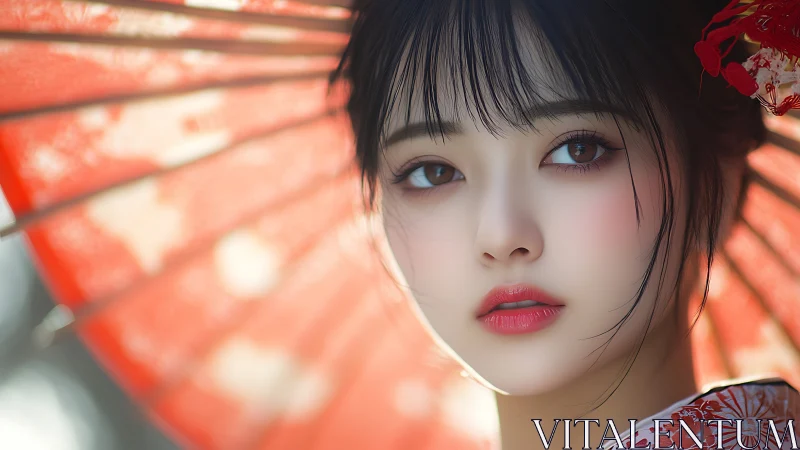 Digital portrait of young woman with red parasol background