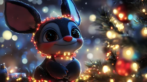 Festive night critter wrapped in glowing holiday lights.