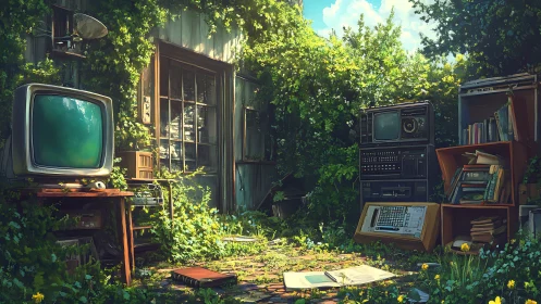 Overgrown courtyard with retro electronics and bookshelves.