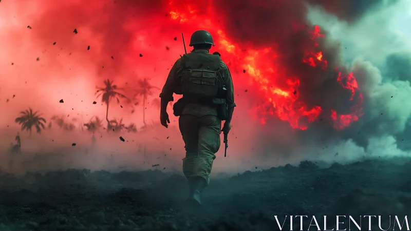 Soldier walking toward massive battlefield explosion scene.