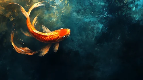 Golden koi drifting through deep teal watercolor dreams.