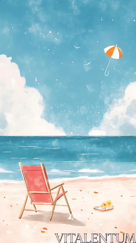 Minimalist beach chair, drifting umbrella and calm shoreline