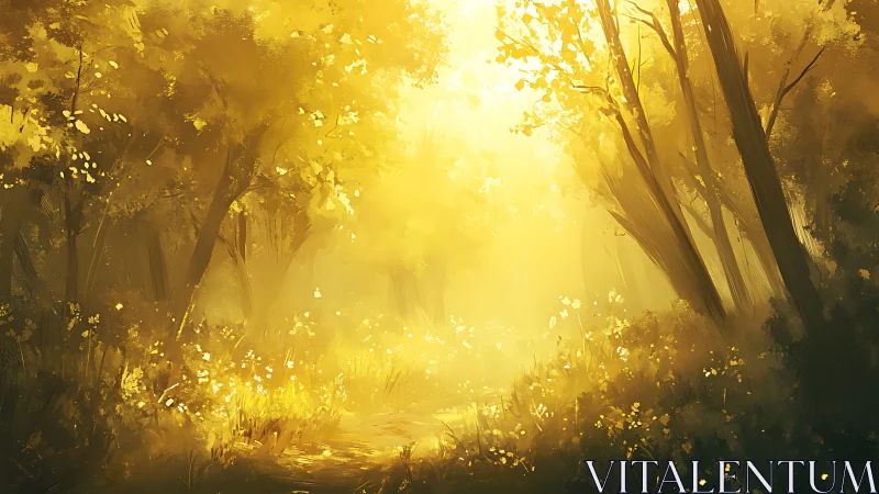 Sunlit forest path glows through dense golden morning haze