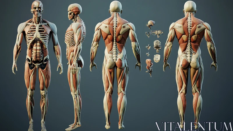 3D human anatomy model showing muscles and skeleton structure.